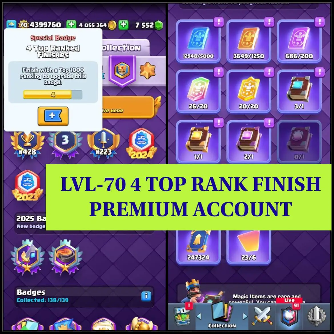 π₯ WORLD RAREπ― MAX LVL 70 CR ACCOUNT | 20-WIN EMOTE β
| 4x TOP 1K LADDER π | ALL CARDS & EVOS MAX π― | 219 EMOTES π | 70+ TOWER SKINS π° | 138/139 BADGES π
| 7.5K GEMS + 247K GOLD π° | FULL MAGIC ITEMS π