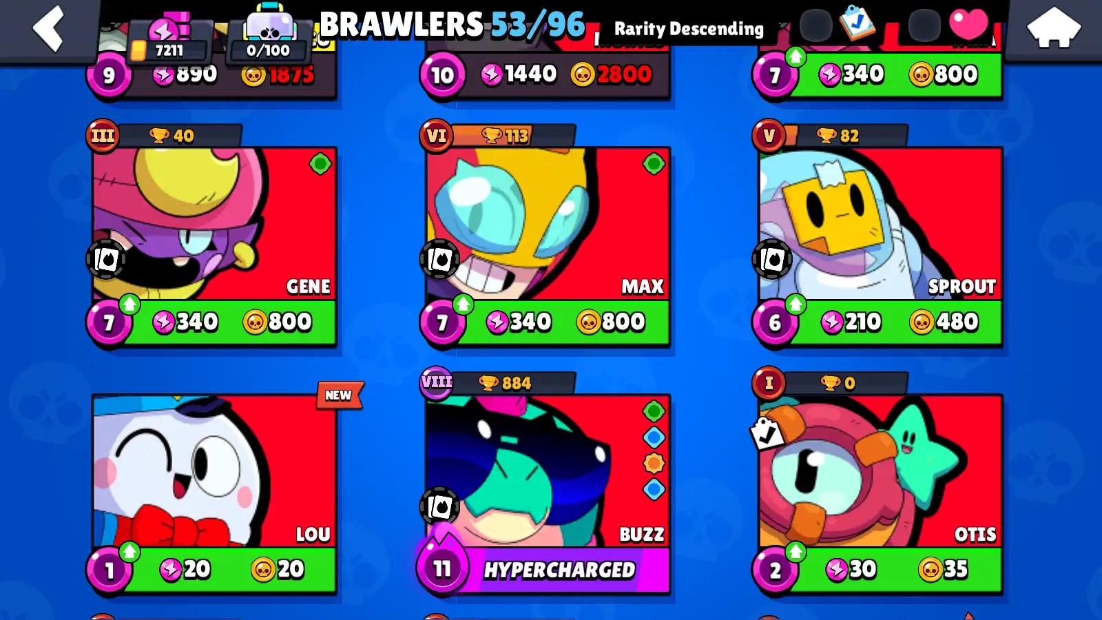 53 BRAWLERS (4 Legendary) + RANDOM SKINS + 1858 Coin + 67 Gems + 7211 Cups