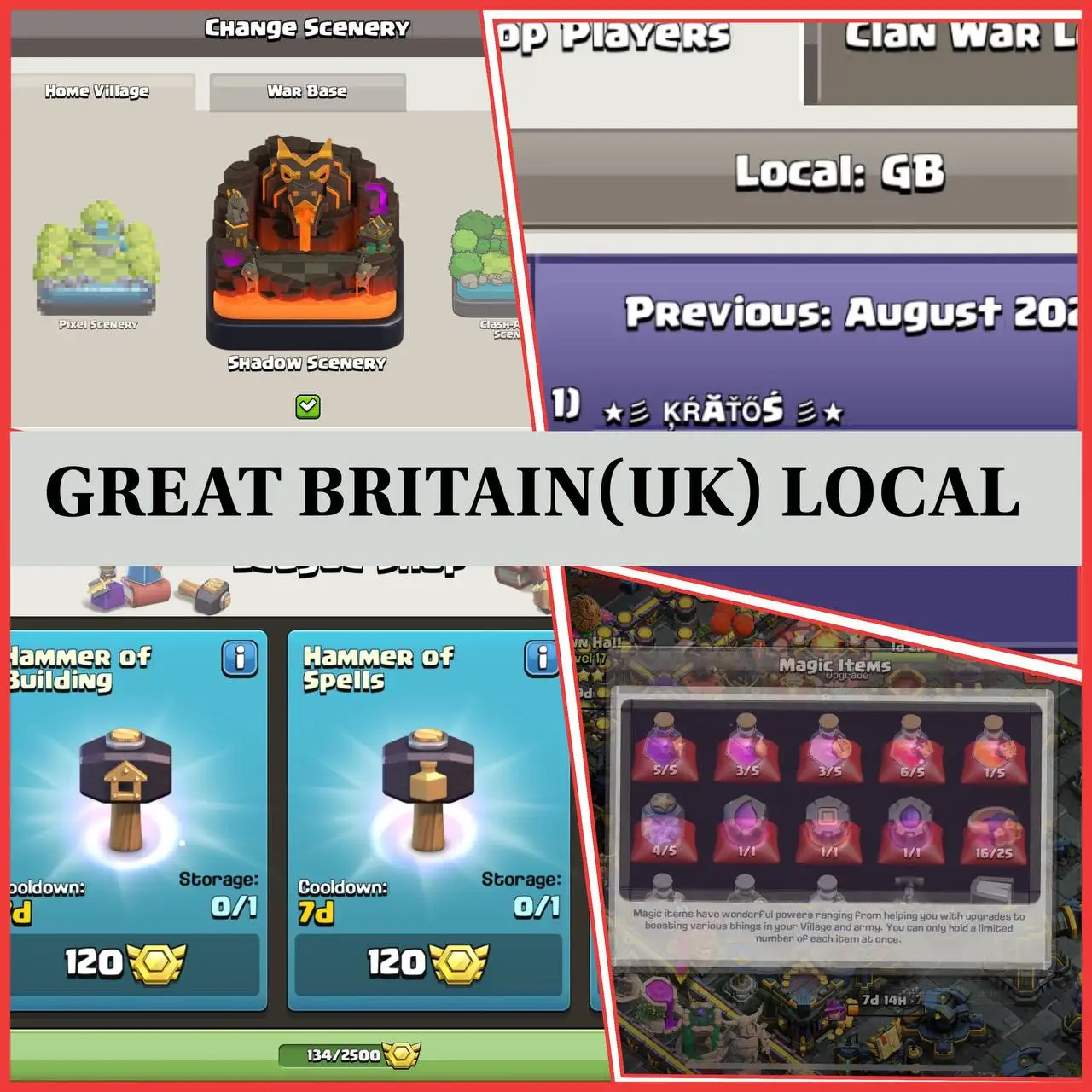 🇬🇧 UK LOCAL-MAX WALL&DEFENSE👑NEAR MAX TH-17| 4 HEROES MAXED|4X-2015 X-MAS🎄DECORATIONS 100+ 🀄️ | 9 MAX EQUIPMENTS 🪭| 258 XP LVL 🧩| ❄️| 11 HERO SKINS 🎭| 1X SCENERY - 5457 ATB 💥| CWL MEDALS - BUILDER HALL MAX 🎉 | FAST DELIVERED 🚀