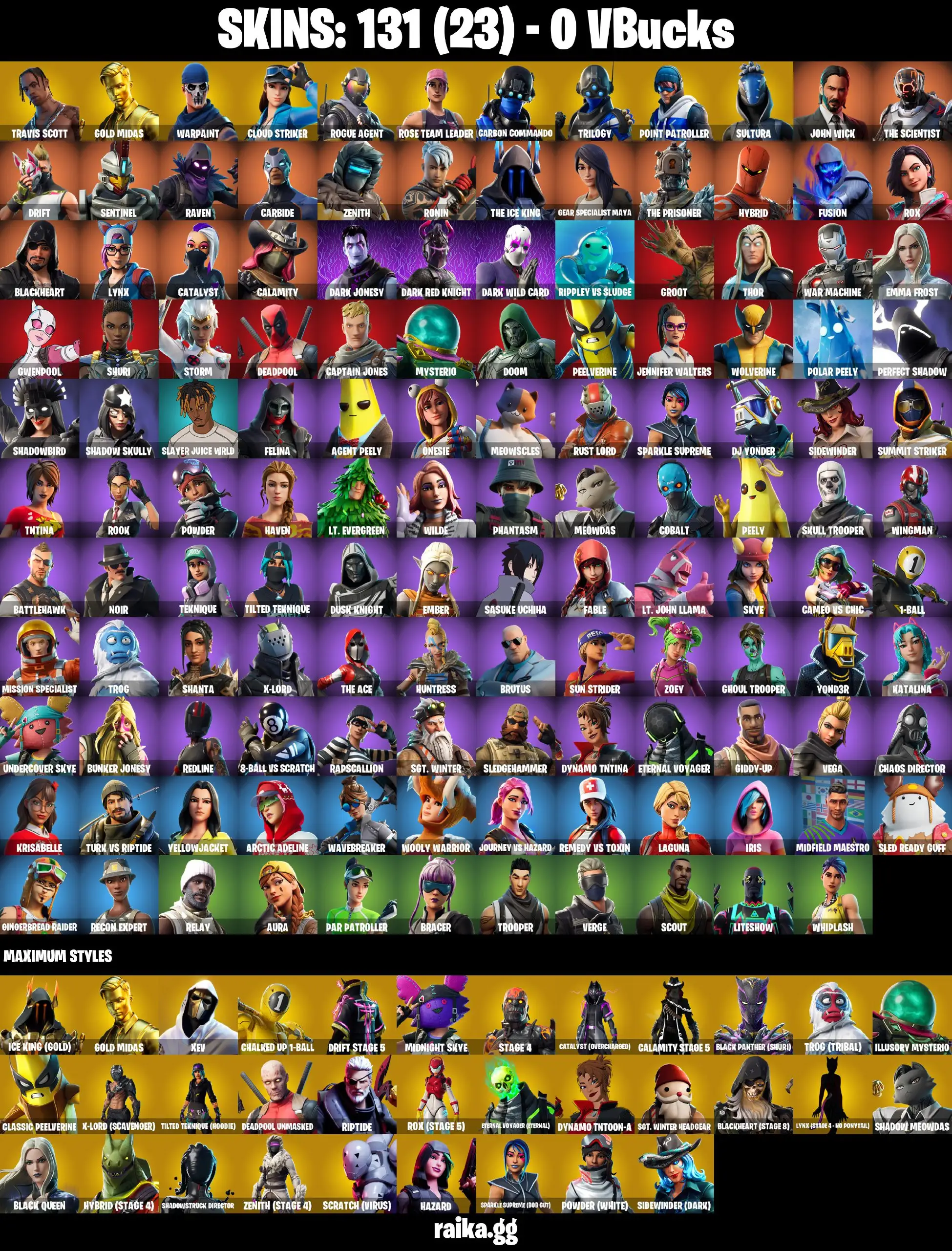 PC 131 skins | Travis Scott | Merry Mint Axe | Take The L | OG STW | Gold Midas | Trilogy | Scout | Rogue Agent | 1050 VB