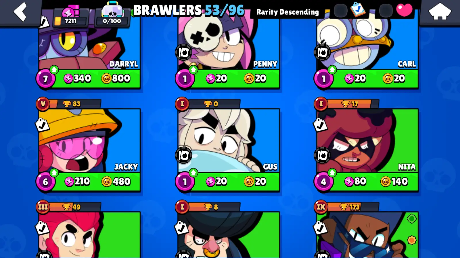 53 BRAWLERS (4 Legendary) + RANDOM SKINS + 1858 Coin + 67 Gems + 7211 Cups