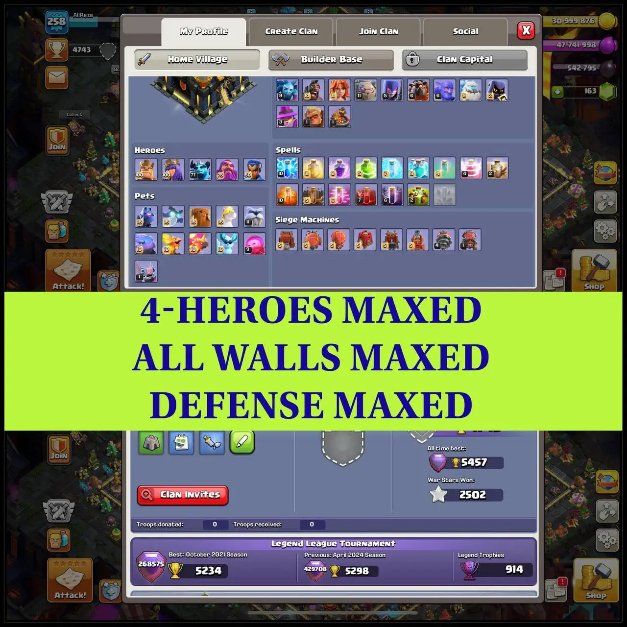 🇬🇧 UK LOCAL-MAX WALL&DEFENSE👑NEAR MAX TH-17| 4 HEROES MAXED|4X-2015 X-MAS🎄DECORATIONS 100+ 🀄️ | 9 MAX EQUIPMENTS 🪭| 258 XP LVL 🧩| ❄️| 11 HERO SKINS 🎭| 1X SCENERY - 5457 ATB 💥| CWL MEDALS - BUILDER HALL MAX 🎉 | FAST DELIVERED 🚀