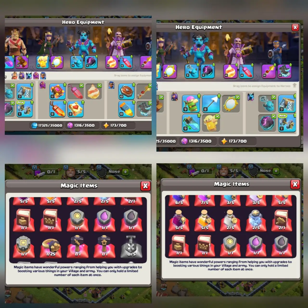 23 EQUIPMENTS 1934 GEMS 💎 ALMOST FULLY MAXED TH13 500 RENAME STACKED MAGIC ITEMS AND 4149 RAID MEDALS BH9 INSTANT DELIVERY
