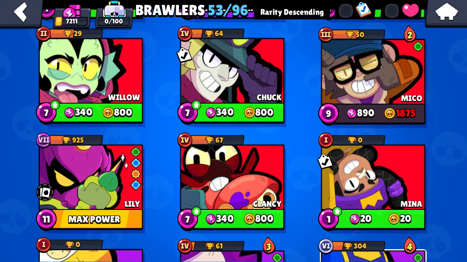 53 BRAWLERS (4 Legendary) + RANDOM SKINS + 1858 Coin + 67 Gems + 7211 Cups