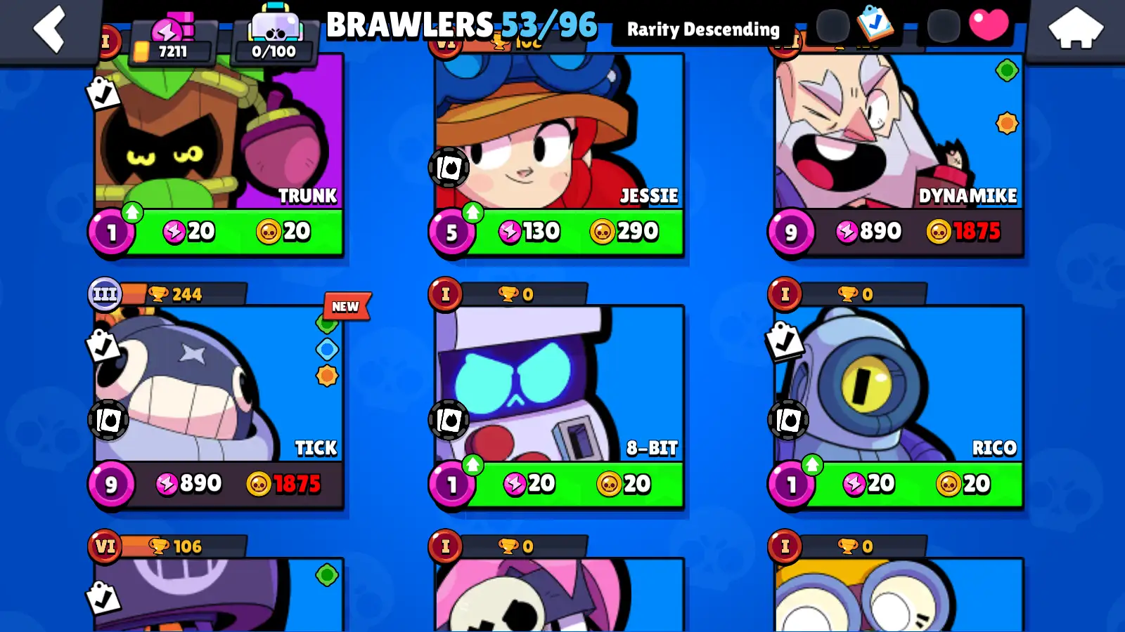 53 BRAWLERS (4 Legendary) + RANDOM SKINS + 1858 Coin + 67 Gems + 7211 Cups
