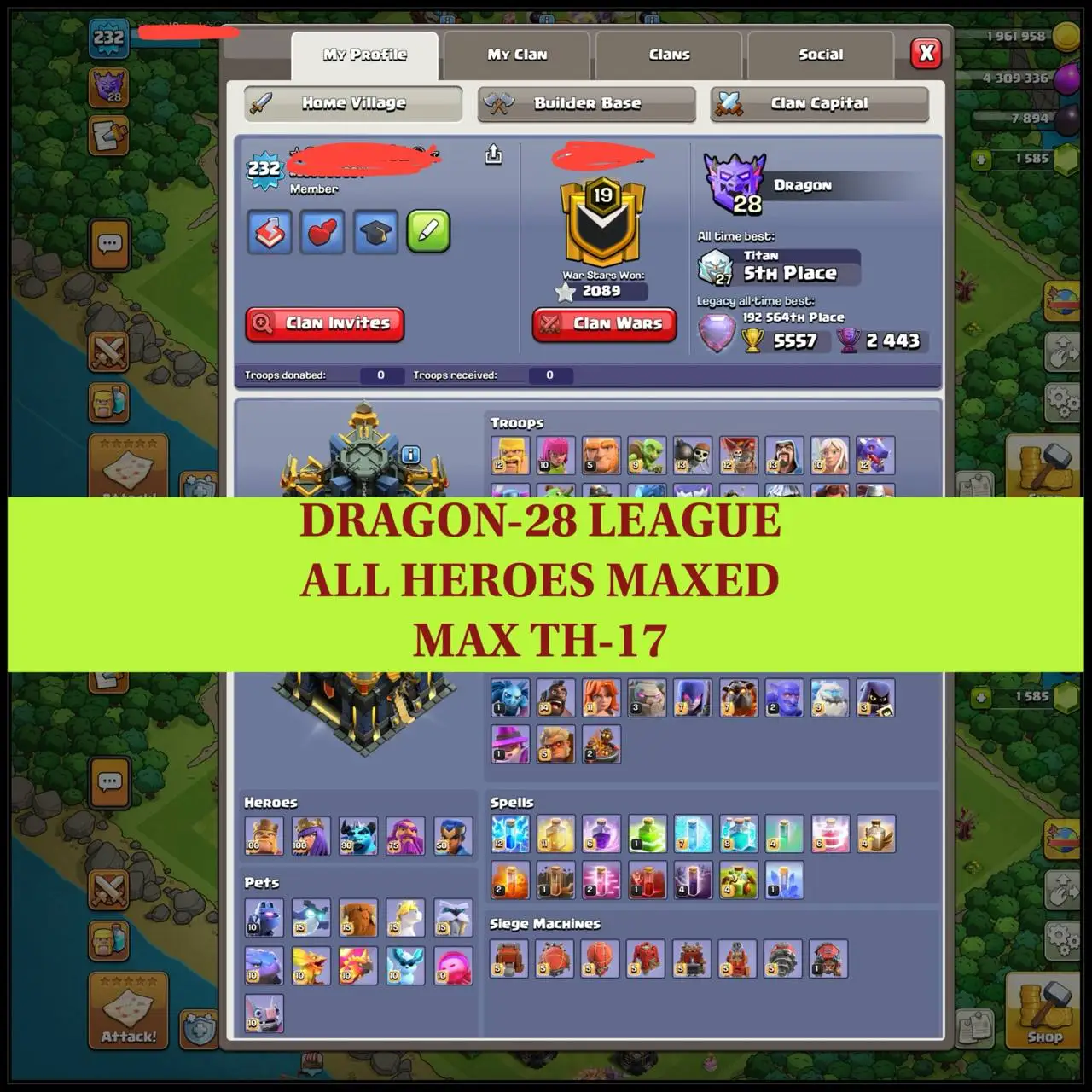 🏰 ALMOST MAX TH-17 🔥 | 👑 ALL HEROES MAX | ⚔️ 18 MAX EQUIPMENTS | 🎯 XP LEVEL 232 🧩| MAX DEFENSE ❄️| 11X HERO SKINS 🎗| 2089 WAR STAR ⭐️| 5557 ATB 💥| 1278 CWL MEDALS 🎉 | RENAME 🀄| FAST DELIVERED 🚀