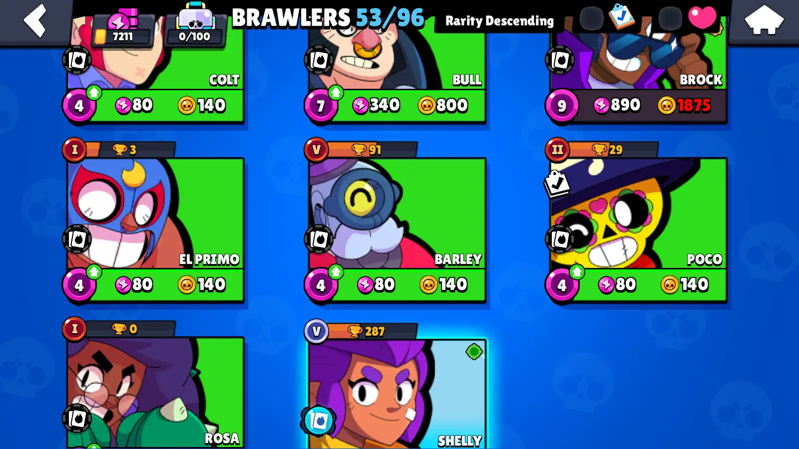 53 BRAWLERS (4 Legendary) + RANDOM SKINS + 1858 Coin + 67 Gems + 7211 Cups