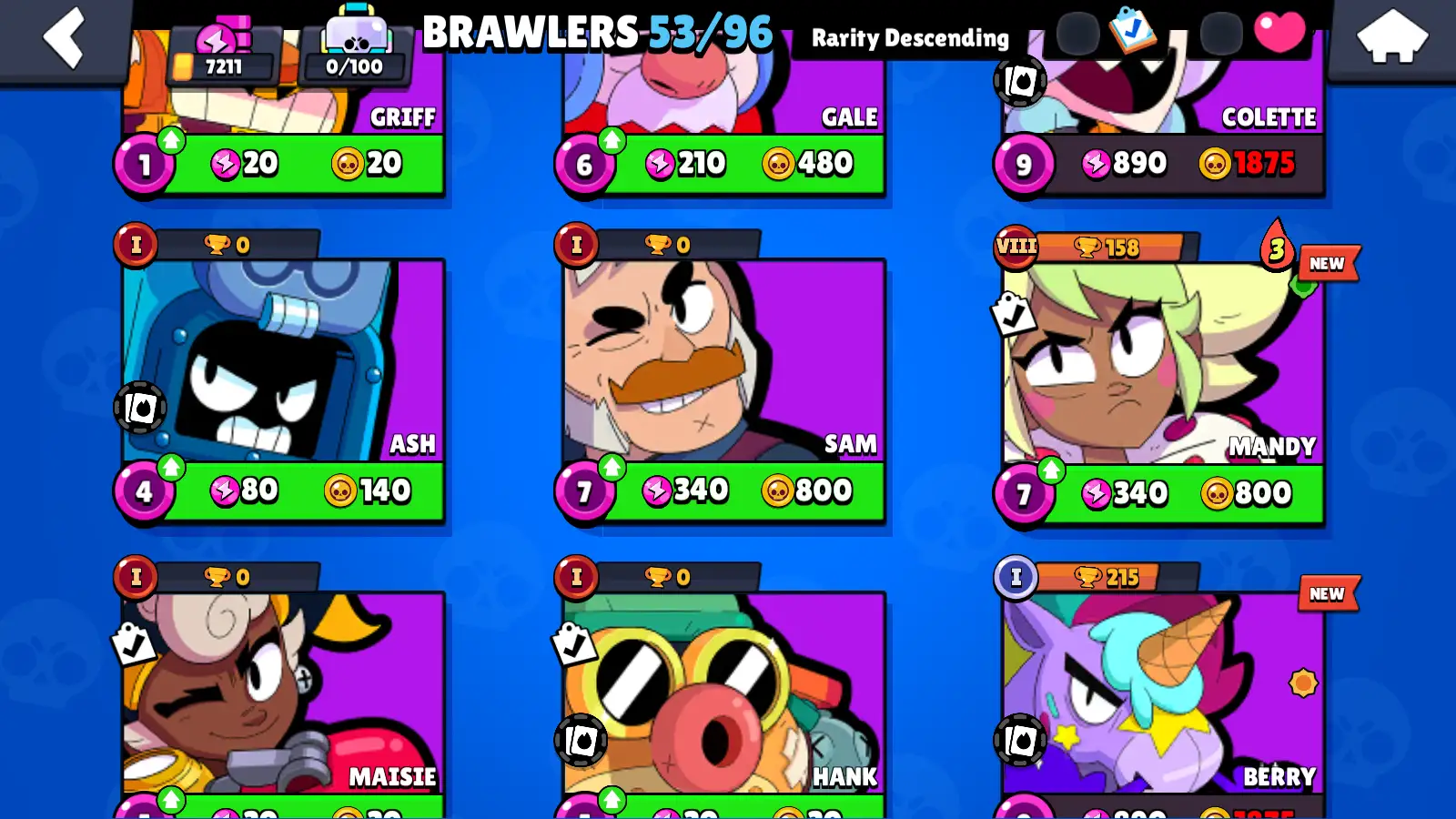 53 BRAWLERS (4 Legendary) + RANDOM SKINS + 1858 Coin + 67 Gems + 7211 Cups