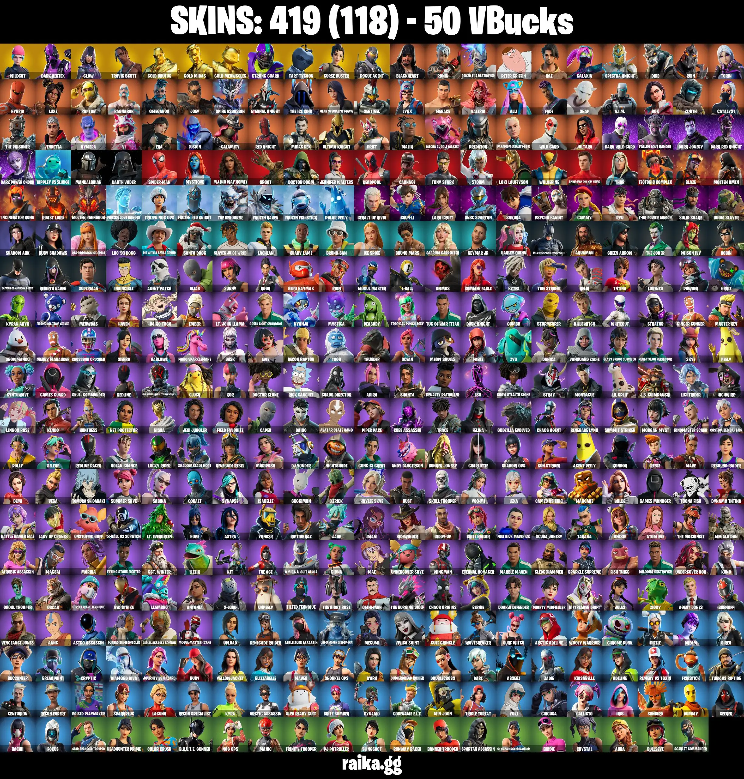 PC 419 skins | Wildcat | Travis Scott | Psycho Bandit | Merry Mint Axe | Leviathan Axe | Dark Vertex | Glow | Renegade Raider |