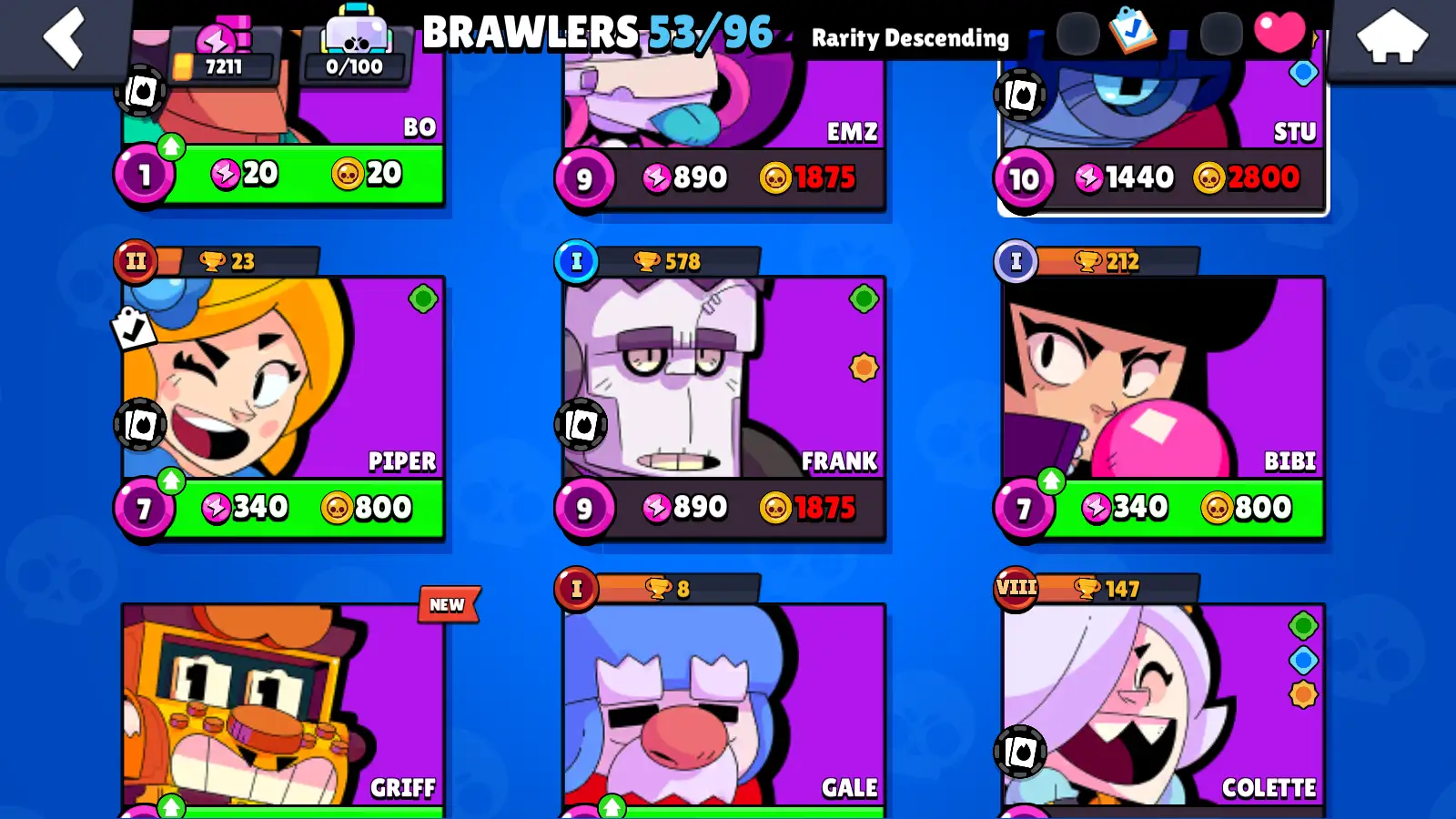 53 BRAWLERS (4 Legendary) + RANDOM SKINS + 1858 Coin + 67 Gems + 7211 Cups