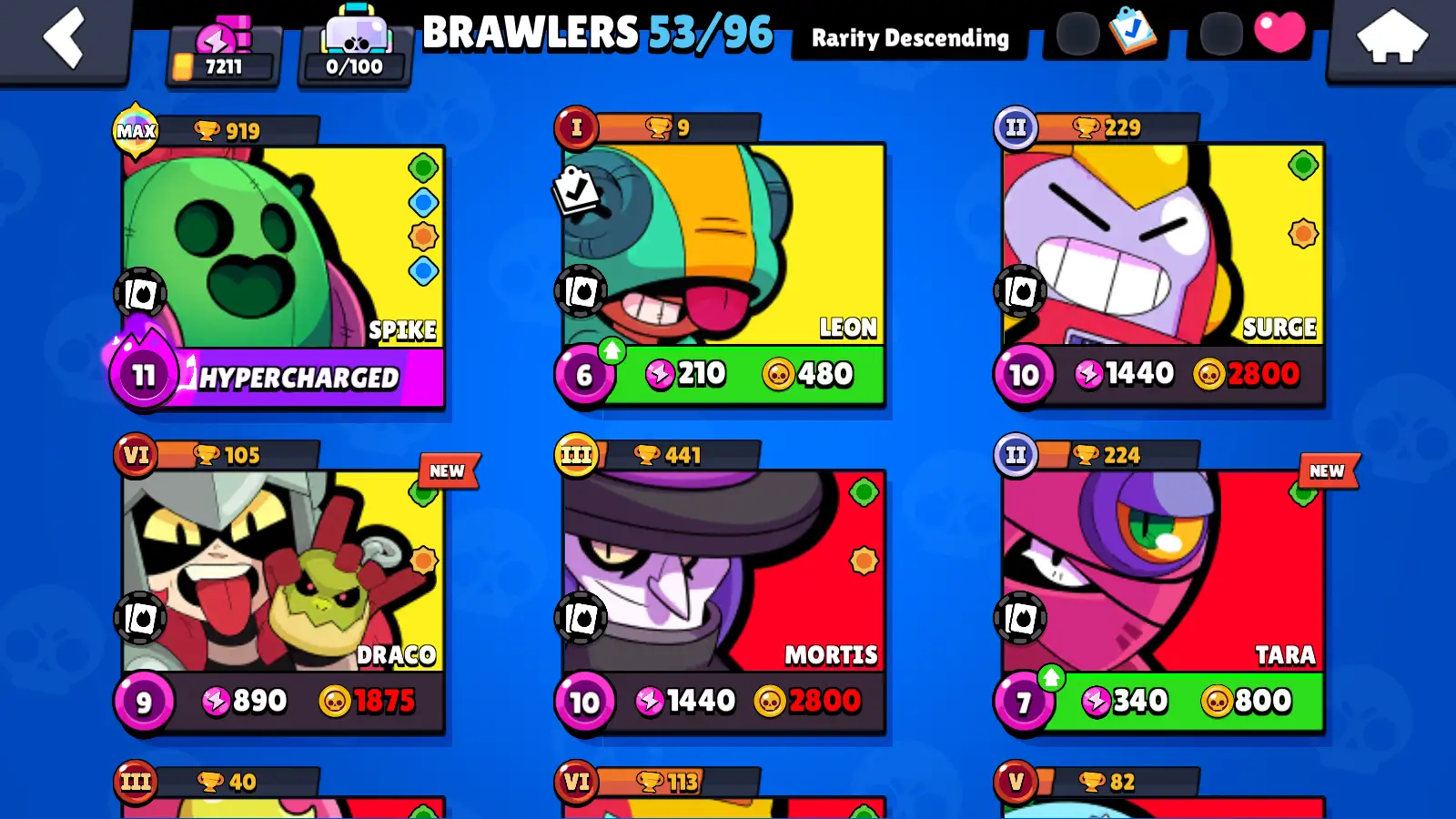 53 BRAWLERS (4 Legendary) + RANDOM SKINS + 1858 Coin + 67 Gems + 7211 Cups